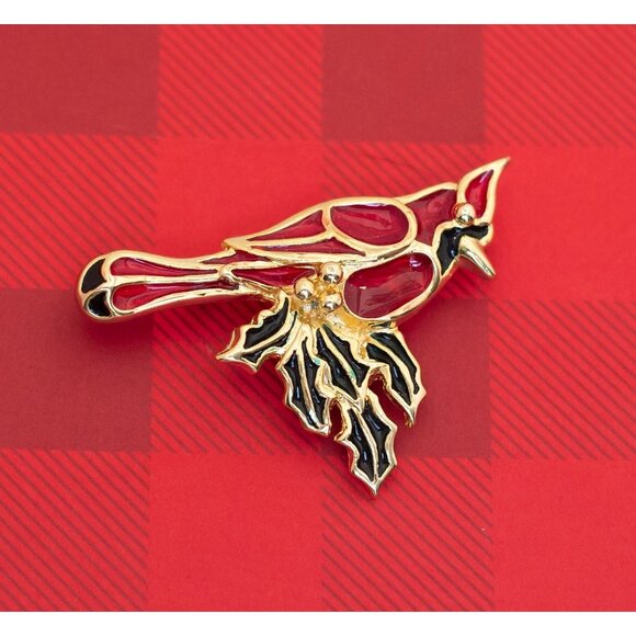 Vintage Art Nouveau Mistletoe Bird Gold Tone Christmas Brooch - O25 - Picture 1 of 2